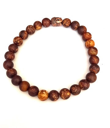 Armbånd - mørebrune agat perler med buddha metal kugle
